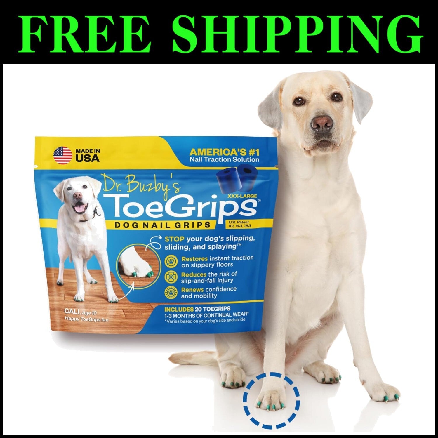 Instant Anti-Slip Grips for Senior Dogs - XXXLarge, 20 Durable Rubber Toe Covers