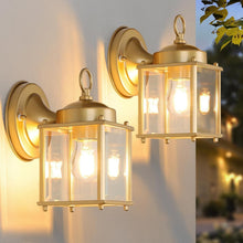 Load image into Gallery viewer, Weather Resistant Gold Wall Mount Lanterns - Set of 2 for Elegant Outdoor Spaces