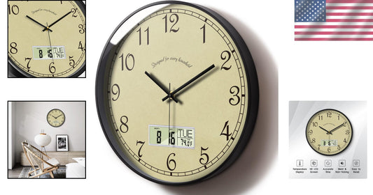 Modern 12 Inch Indoor Digital Wall Clock - Temperature & Date, Beige Color