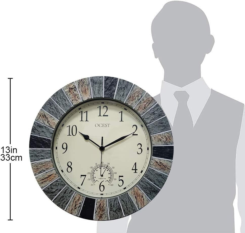 13-Inch Waterproof Wall Clock with Silent Thermometer - Elegant Farmhouse Design