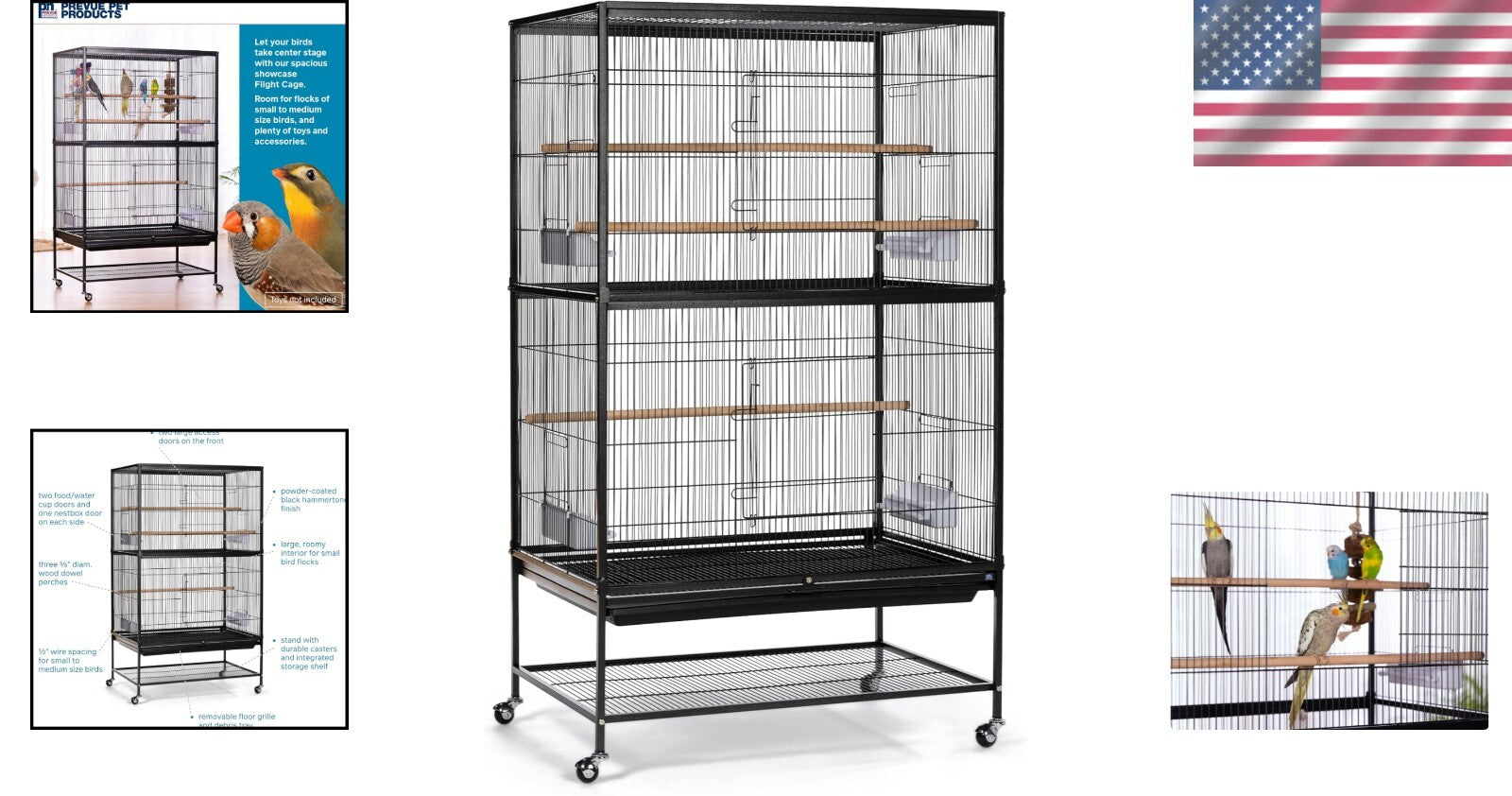 Large Wrought Iron Birdcage, 31"L x 20.5"W x 53"H with Storage & Rolling Casters