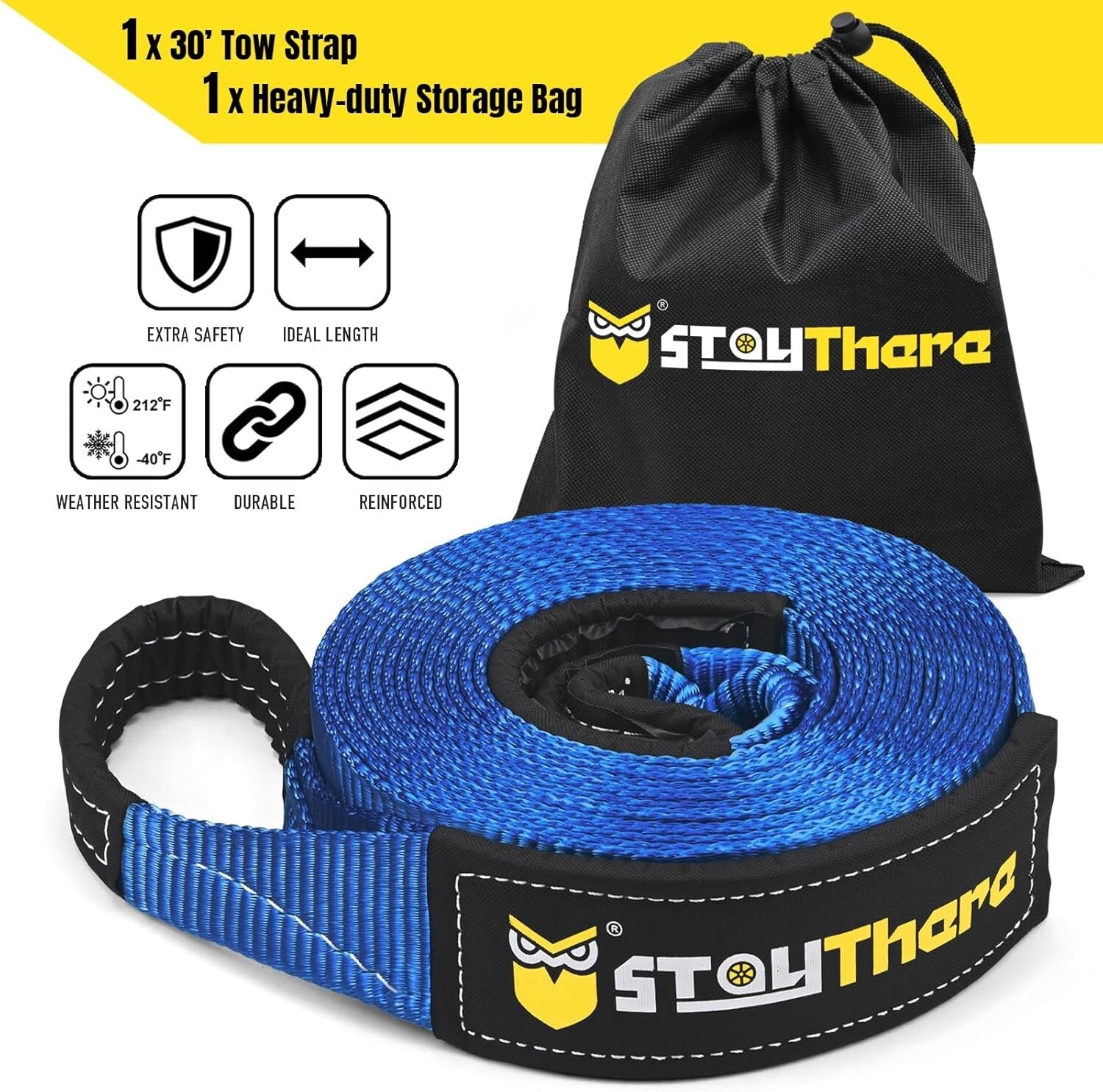 Heavy-Duty 3'' x 30 ft Recovery Tow Strap - 30,000 lb Capacity with Storage Bag