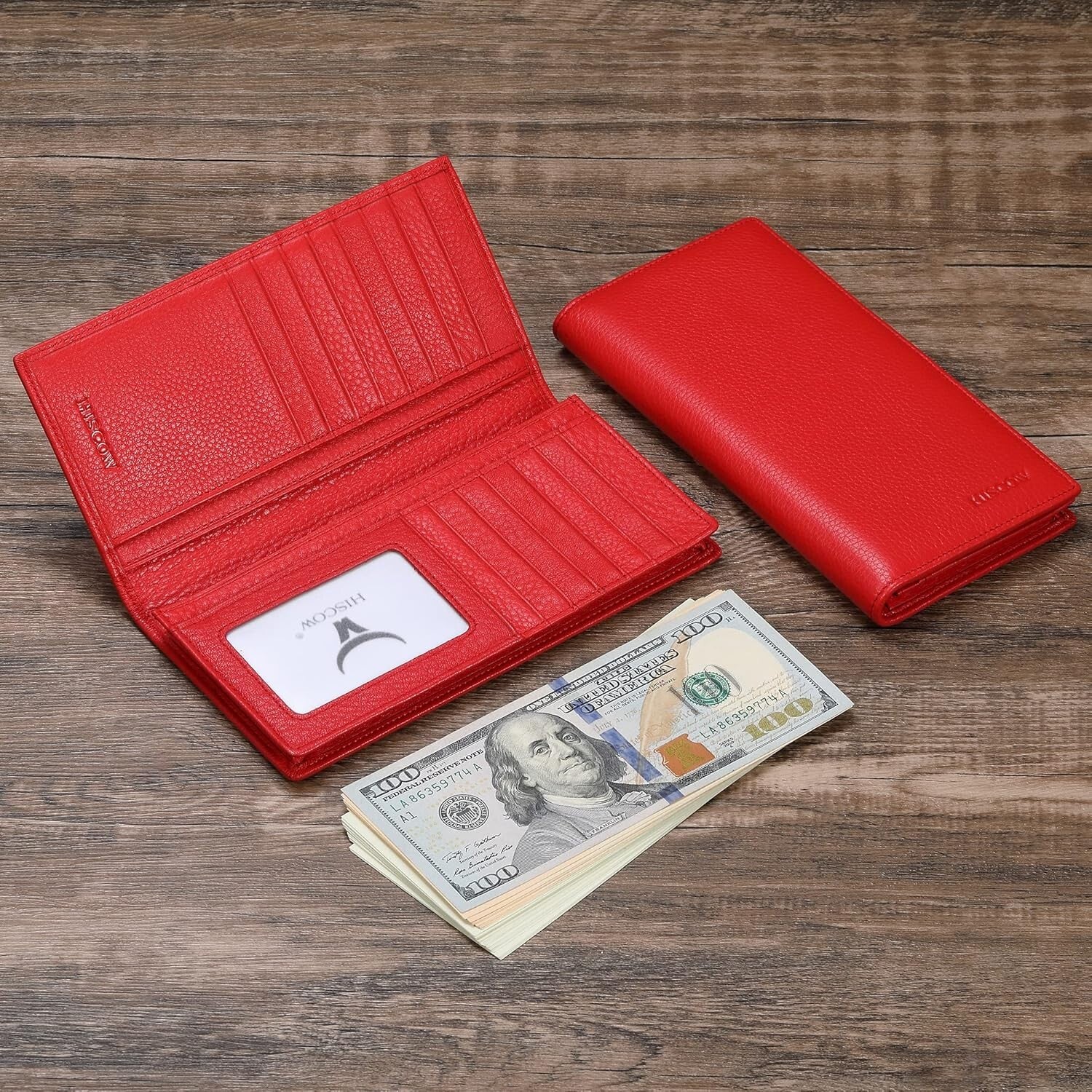 Luxury Bifold Wallet in Pebbled Red Italian Calfskin with 15 Card Slots