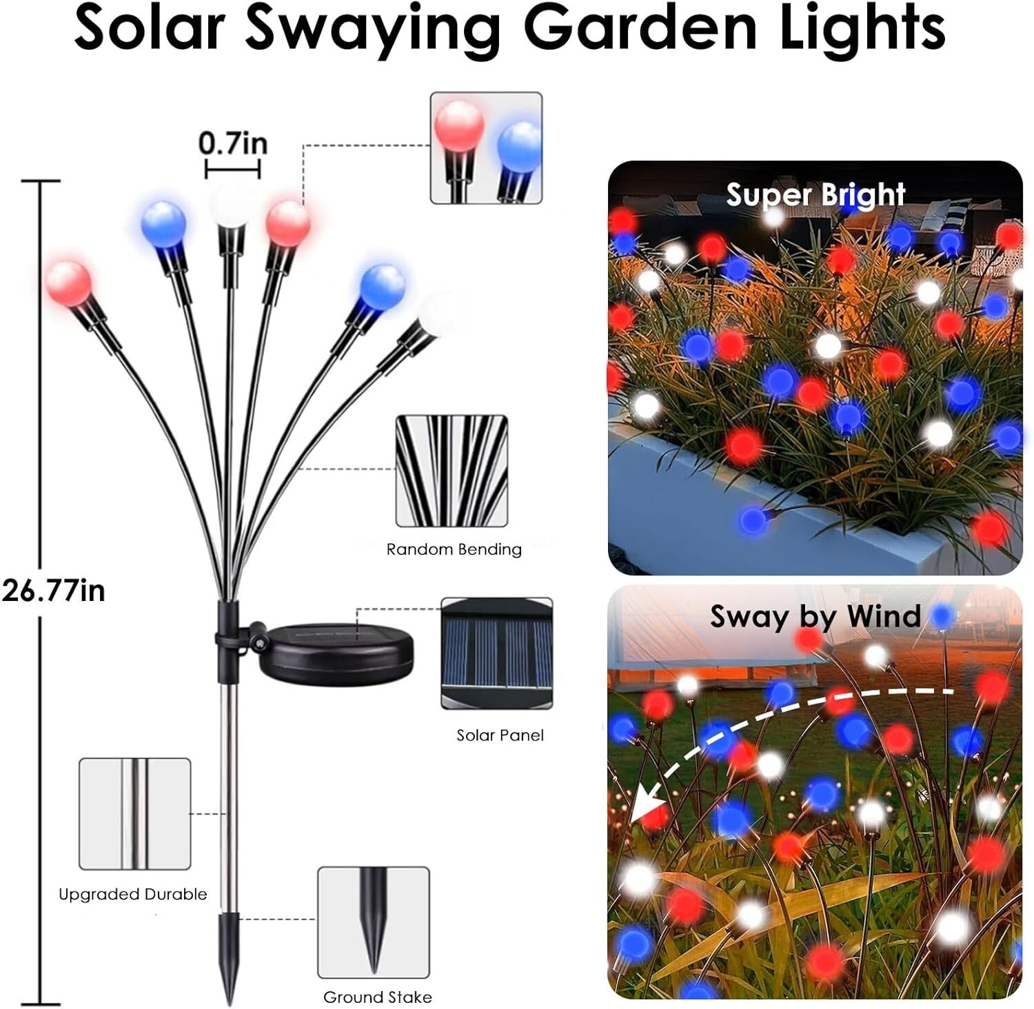 Festive Independence Day Solar Lights - 8 Pack LED with Steady & Twinkle Modes