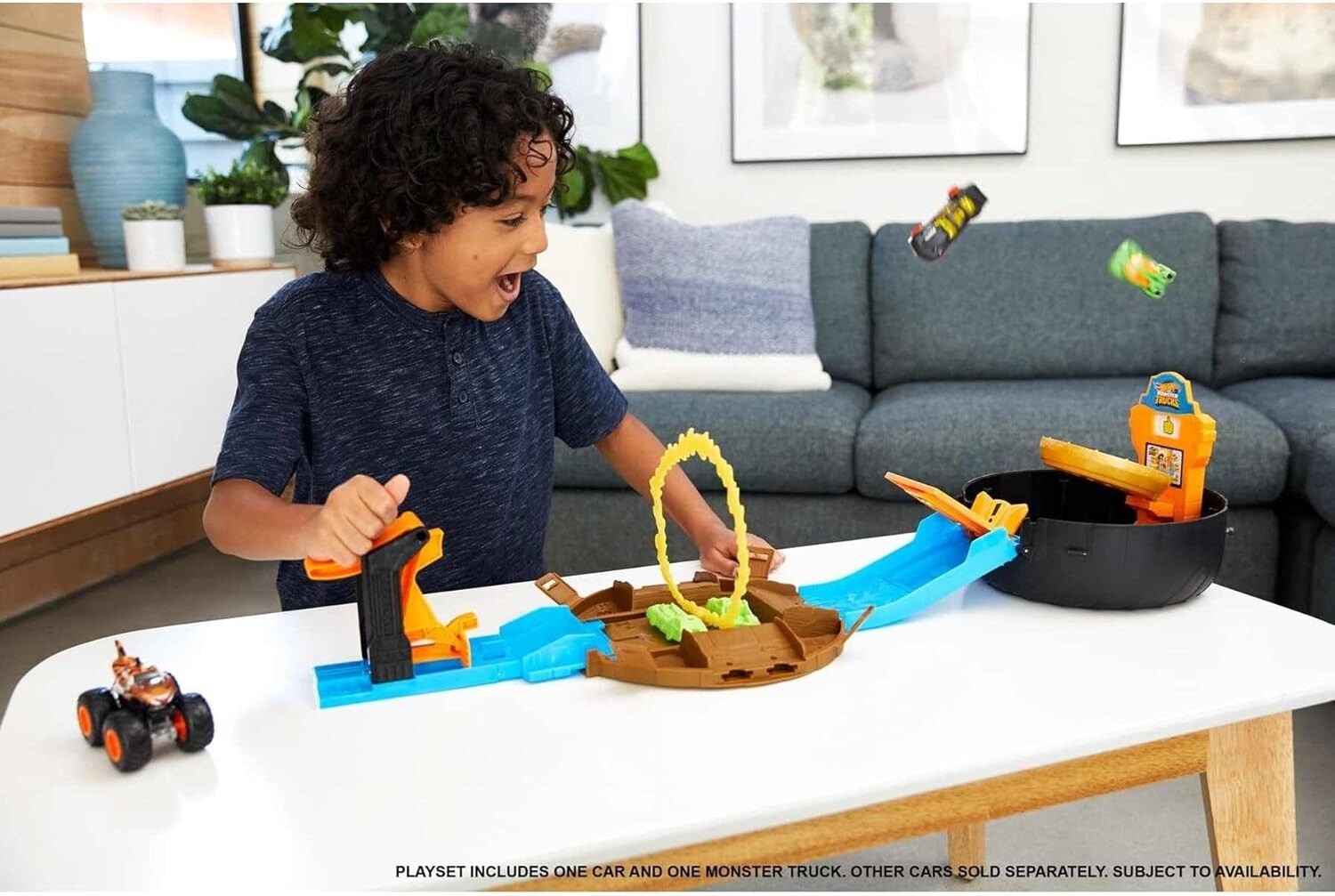 5-in-1 Monster Trucks Tire Arena - Launcher, Stunt Flip, 2 Mini Cars Included