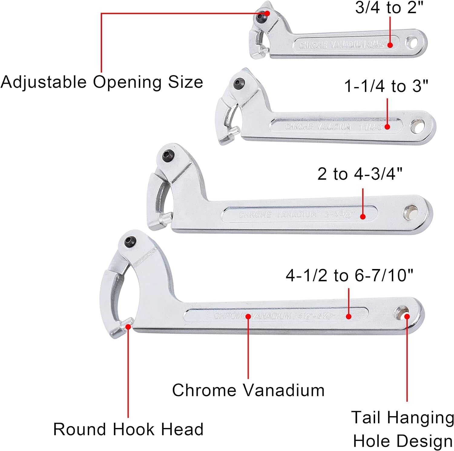 4-Piece Adjustable Spanner Hook Wrench Set for Hydraulic & Mechanical Repairs