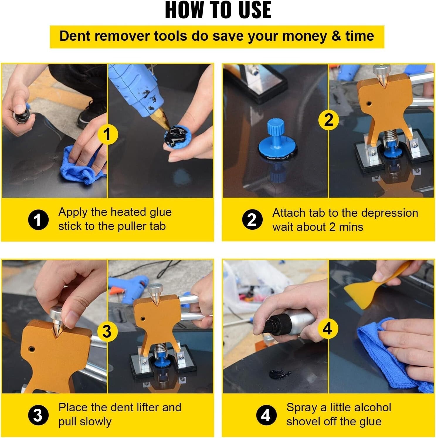 Stainless Steel Dent Removal Rods Kit with Glue Puller & Reflecting Board