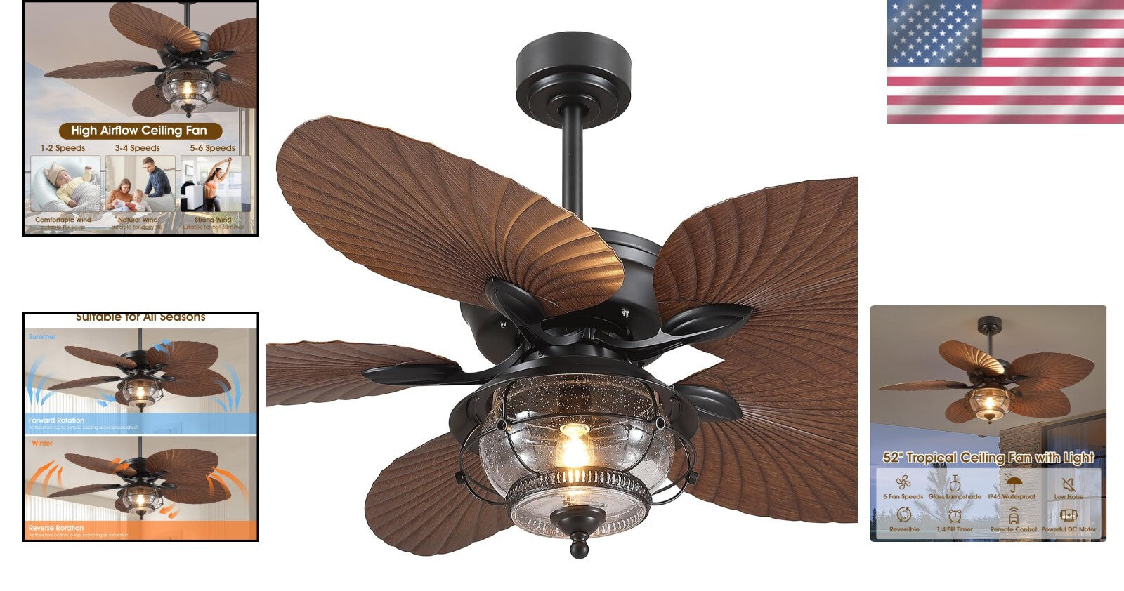 Remote Control 52 Inch Tropical Ceiling Fan with LED Light for Indoor/Outdoor