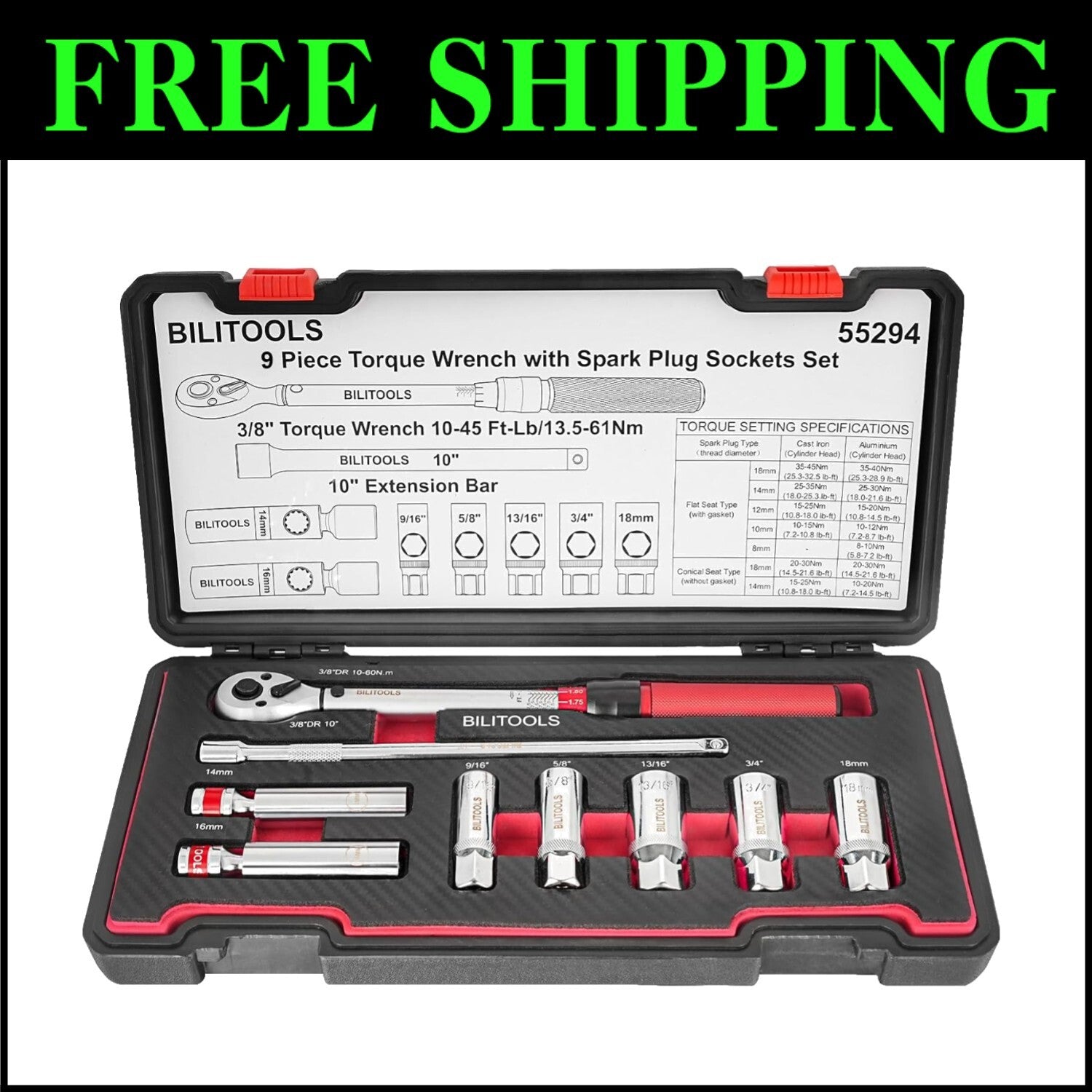 Precision 9-Piece Spark Plug Socket Set with Chrome Vanadium Click Torque Wrench