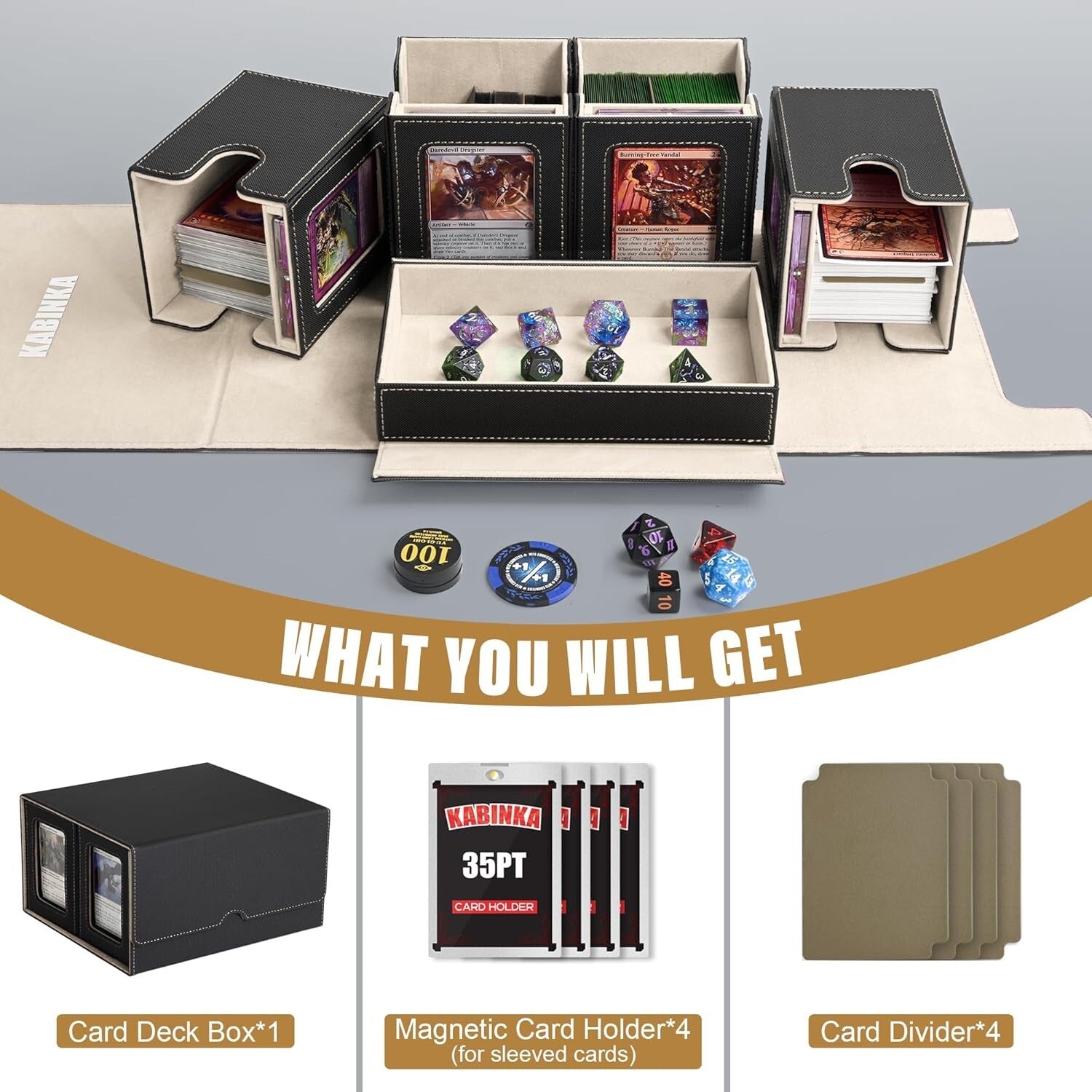 5 in 1 MTG Commander Card Deck Box - Black Gold, Fits 400+ Cards, Dice Tray