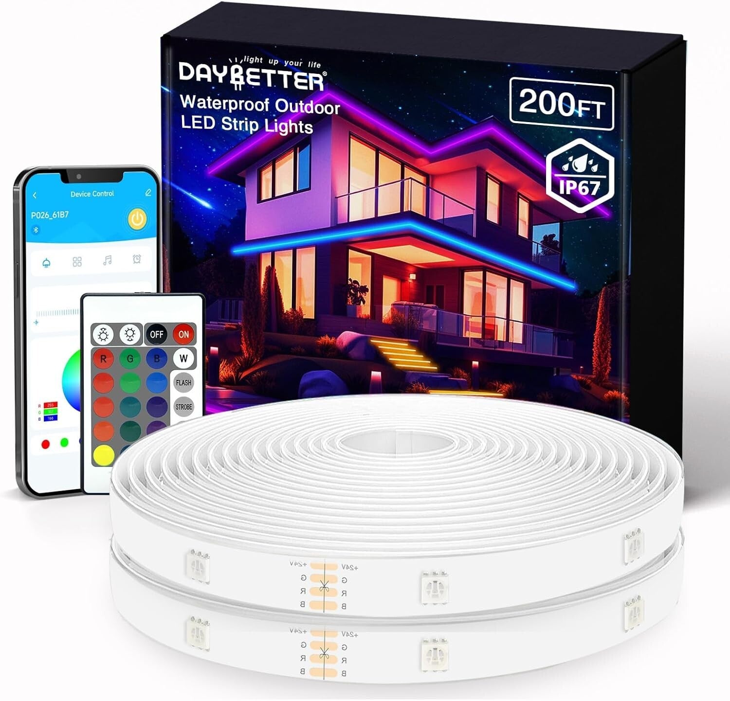 200ft IP67 Waterproof LED Strip Lights with Remote & App Control – RGB Ambiance