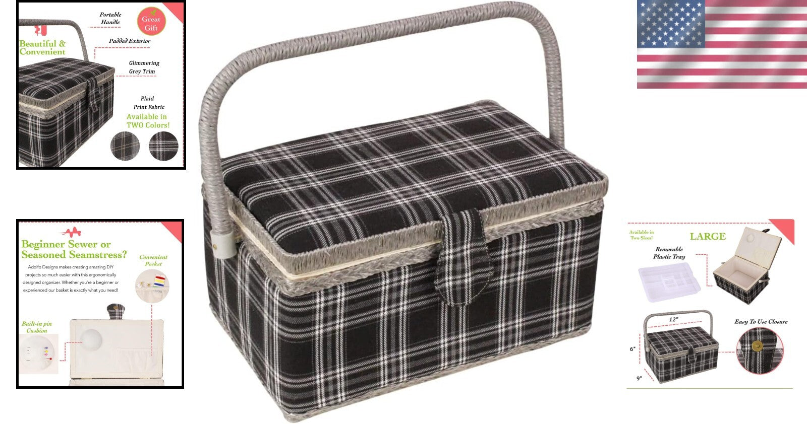 Classic Floral Sewing Basket - Lightweight Storage with Snap Closure & Tray