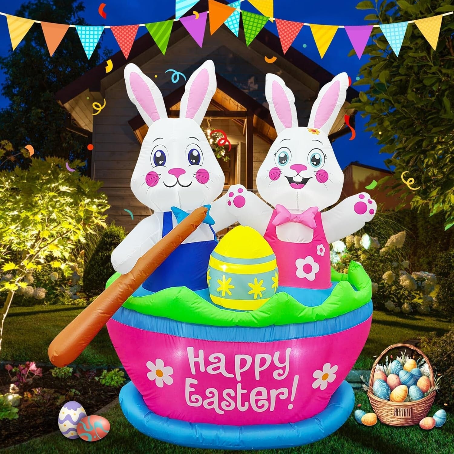 Easy Setup 5FT Easter Bunny Inflatables with LED Lights - Fun Yard Decoration