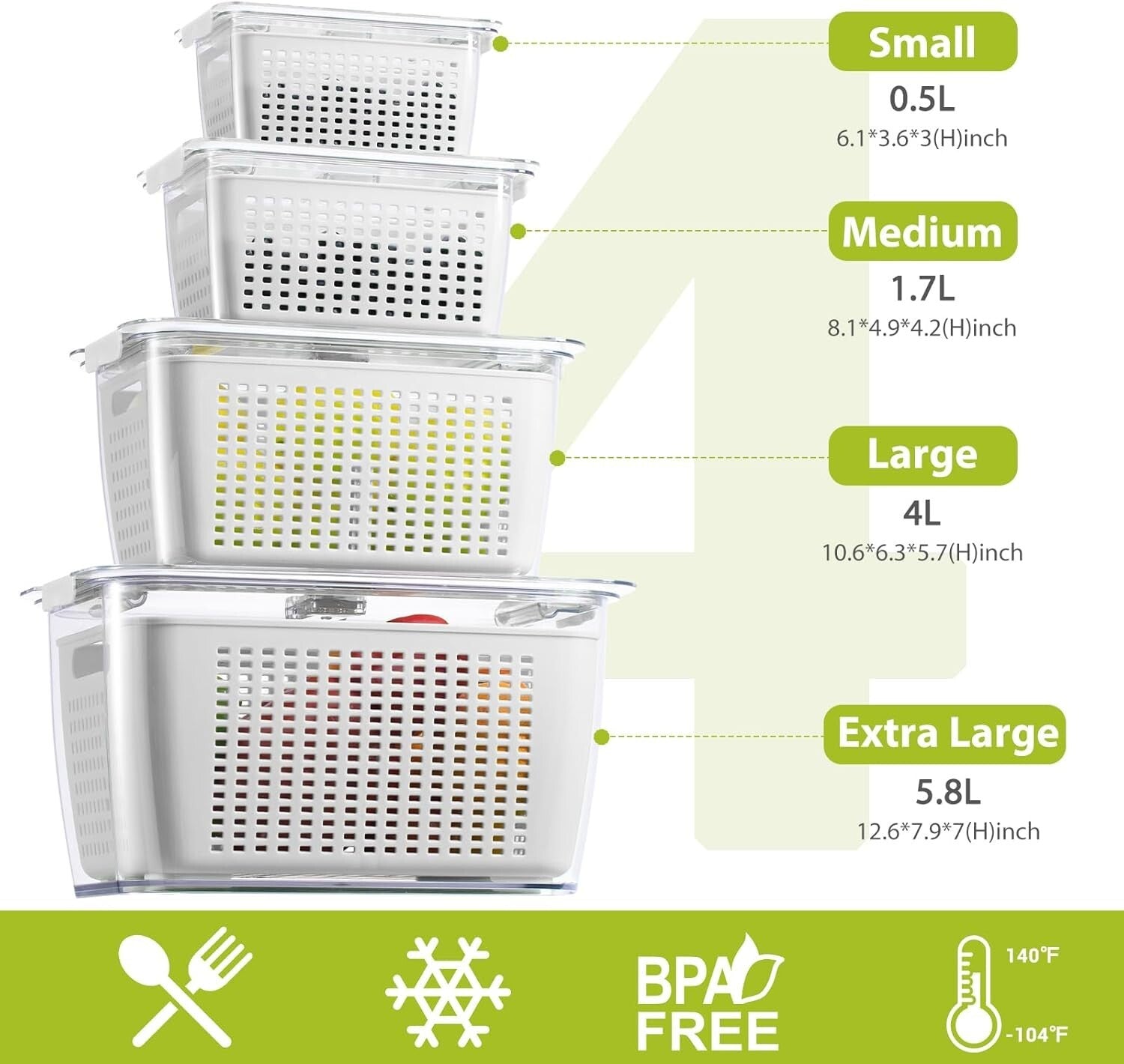 Enhanced Freshness: 4 Rectangular Produce Saver Containers with Adjustable Vents