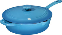 Load image into Gallery viewer, Oven-Safe 5QT Turquoise Cast Iron Frying Pan with Lid &amp; Stainless Steel Handle