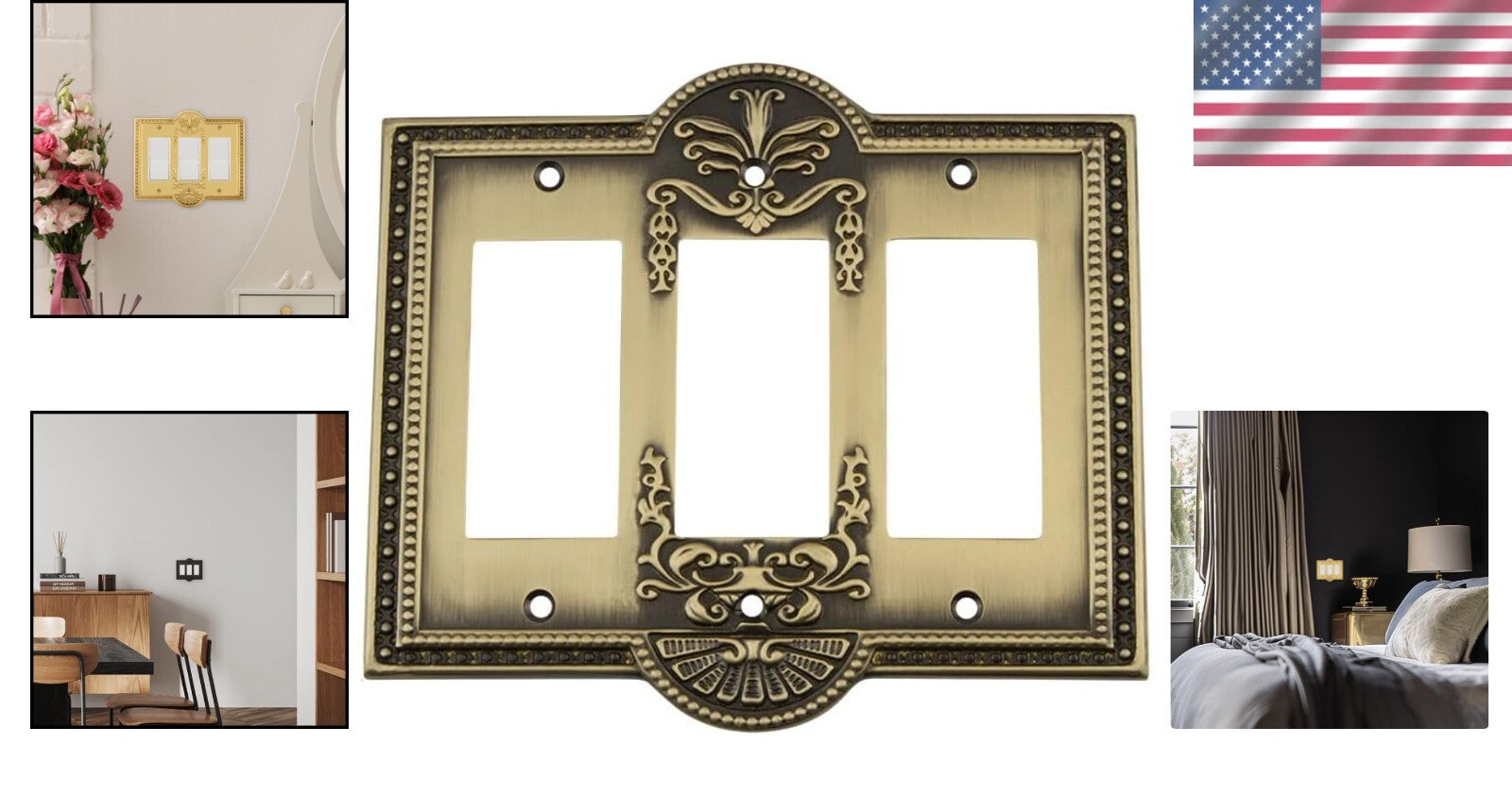 Antique Brass Triple Rocker Light Switch Cover - Elegant Greek Revival Style