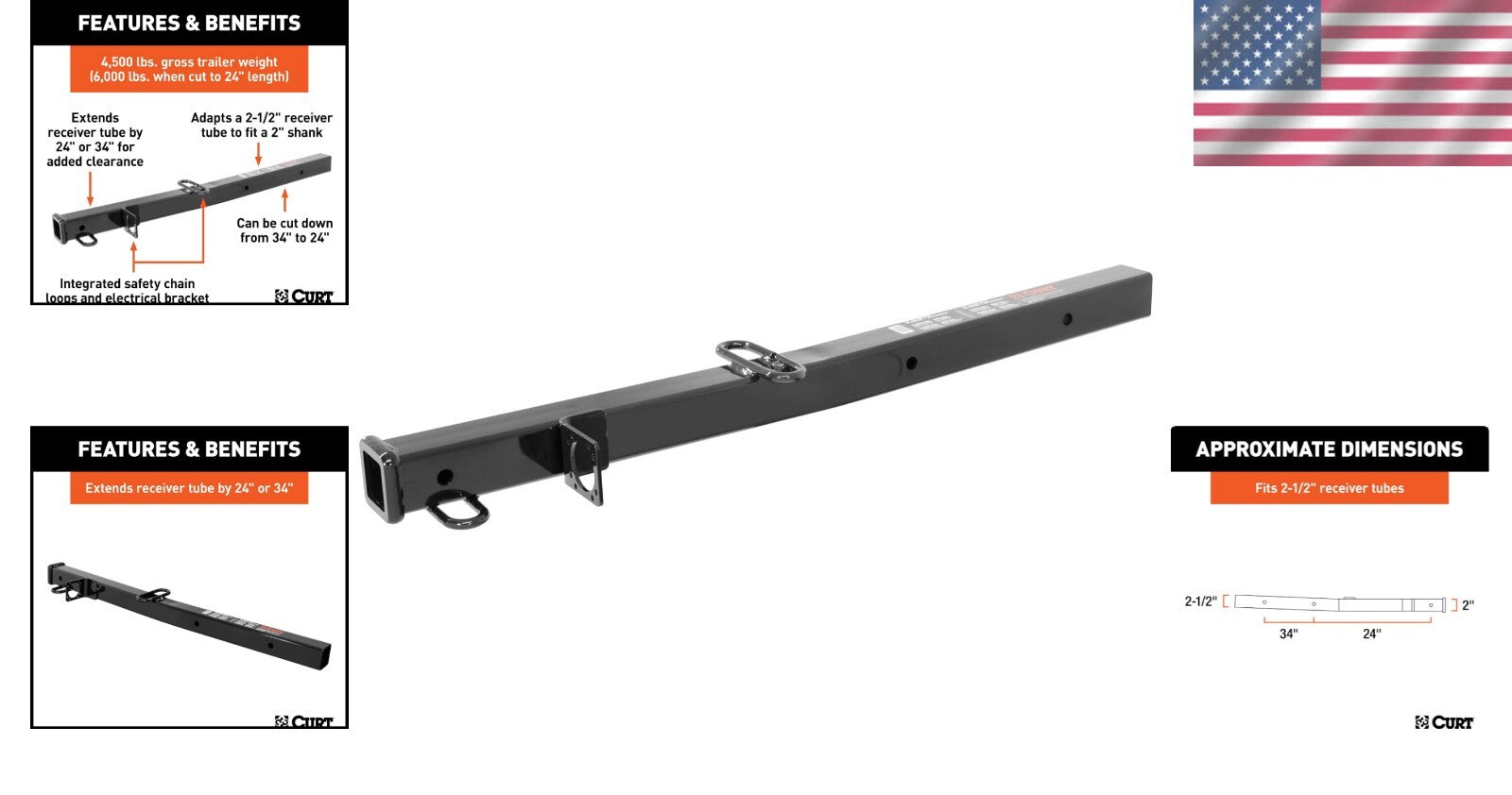 Adjustable 2-1/2 to 2-In Hitch Adapter, 34-inch Extension, Durable Carbon Steel