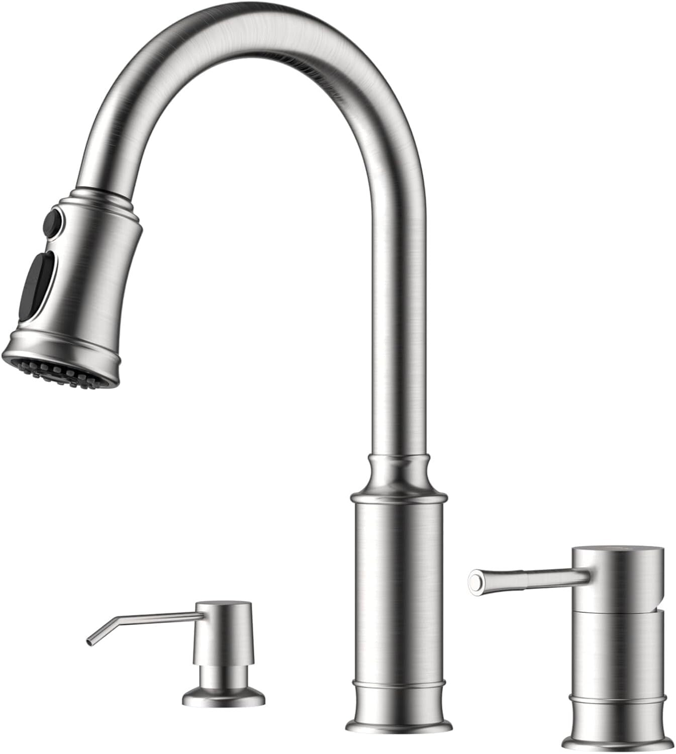 Brushed Nickel Kitchen Faucet with Soap Dispenser & Pull Down Sprayer - 3 Holes