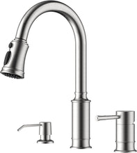 Load image into Gallery viewer, Brushed Nickel Kitchen Faucet with Soap Dispenser &amp; Pull Down Sprayer - 3 Holes