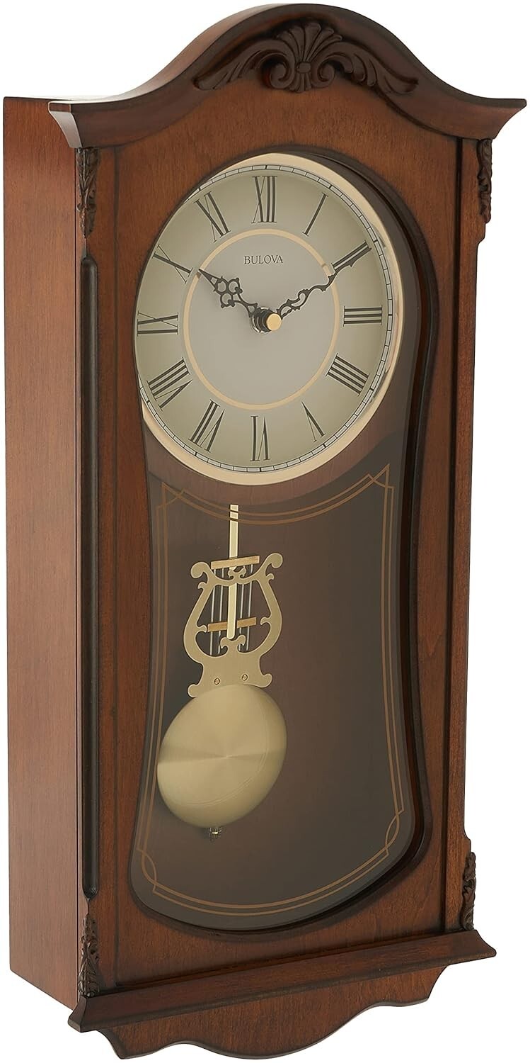 Charming Brown Analog Wall Clock: Walnut Wood, Pendulum, and Roman Numerals
