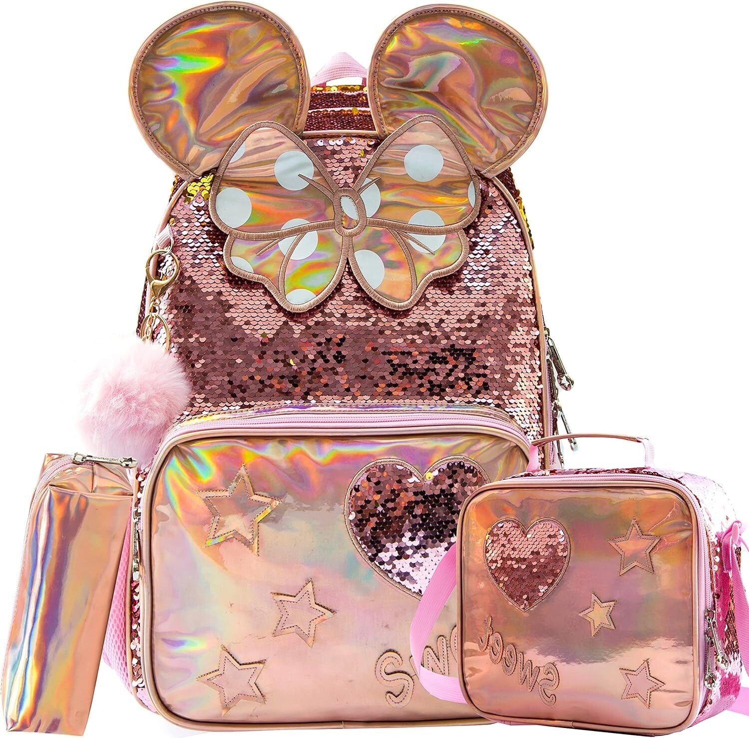 Cute Adjustable Sequin Backpack Set for Girls - Includes Lunch Box & Pencil Case