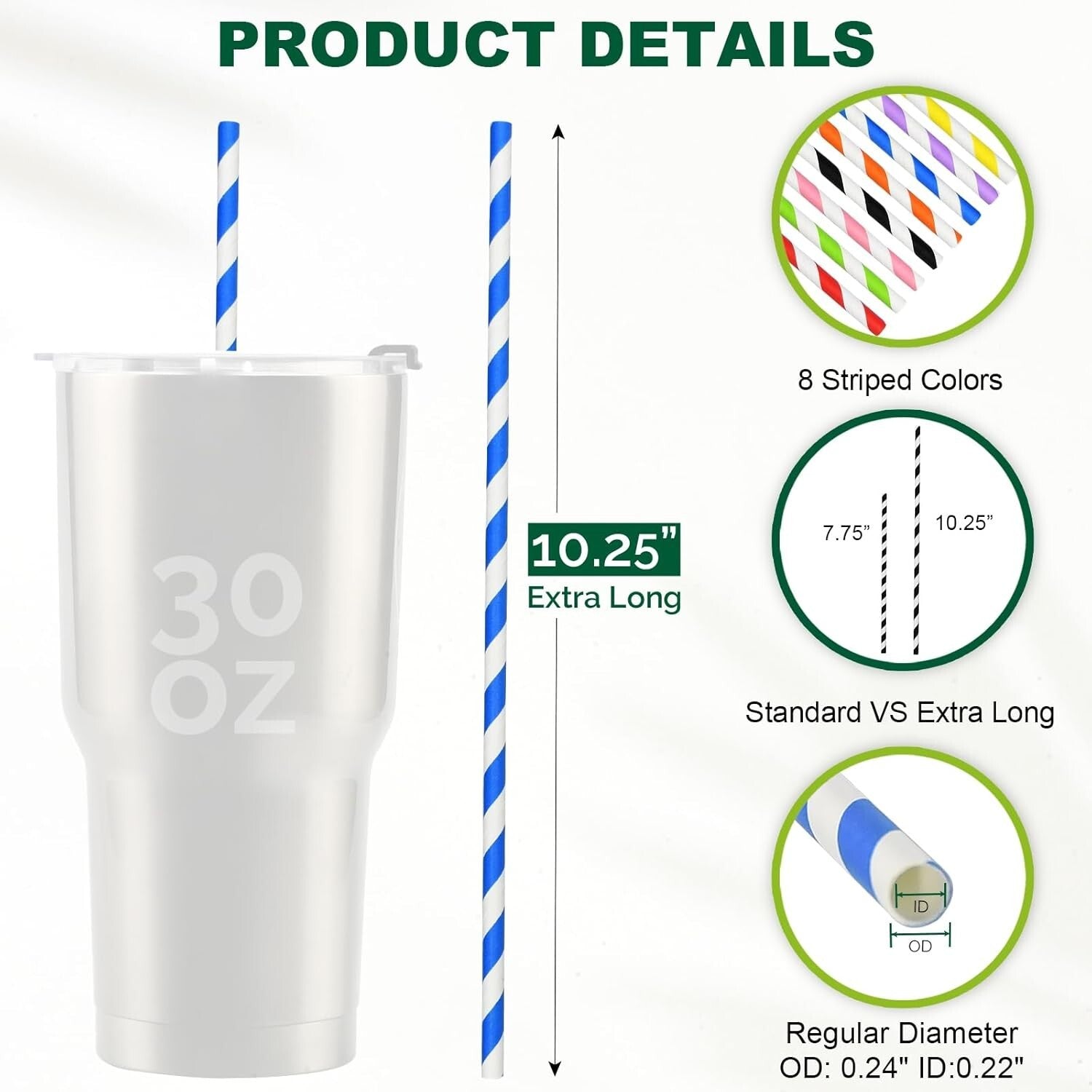 Durable Disposable Paper Straws - 10-Inches, 600 Count for Cocktails and More