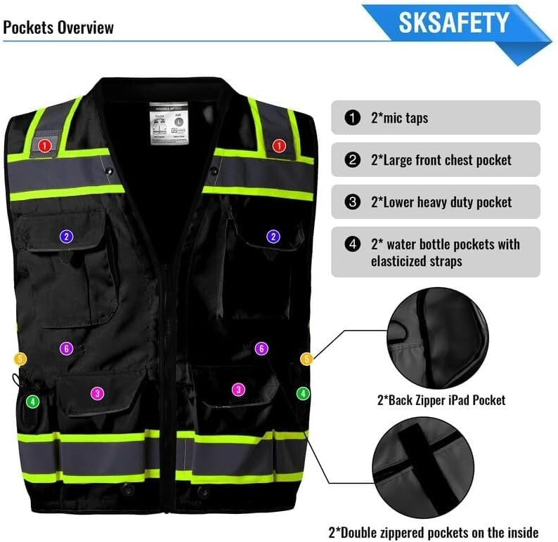 12 Pocket High Visibility Safety Vest - Class 2 ANSI Compliant for Professionals