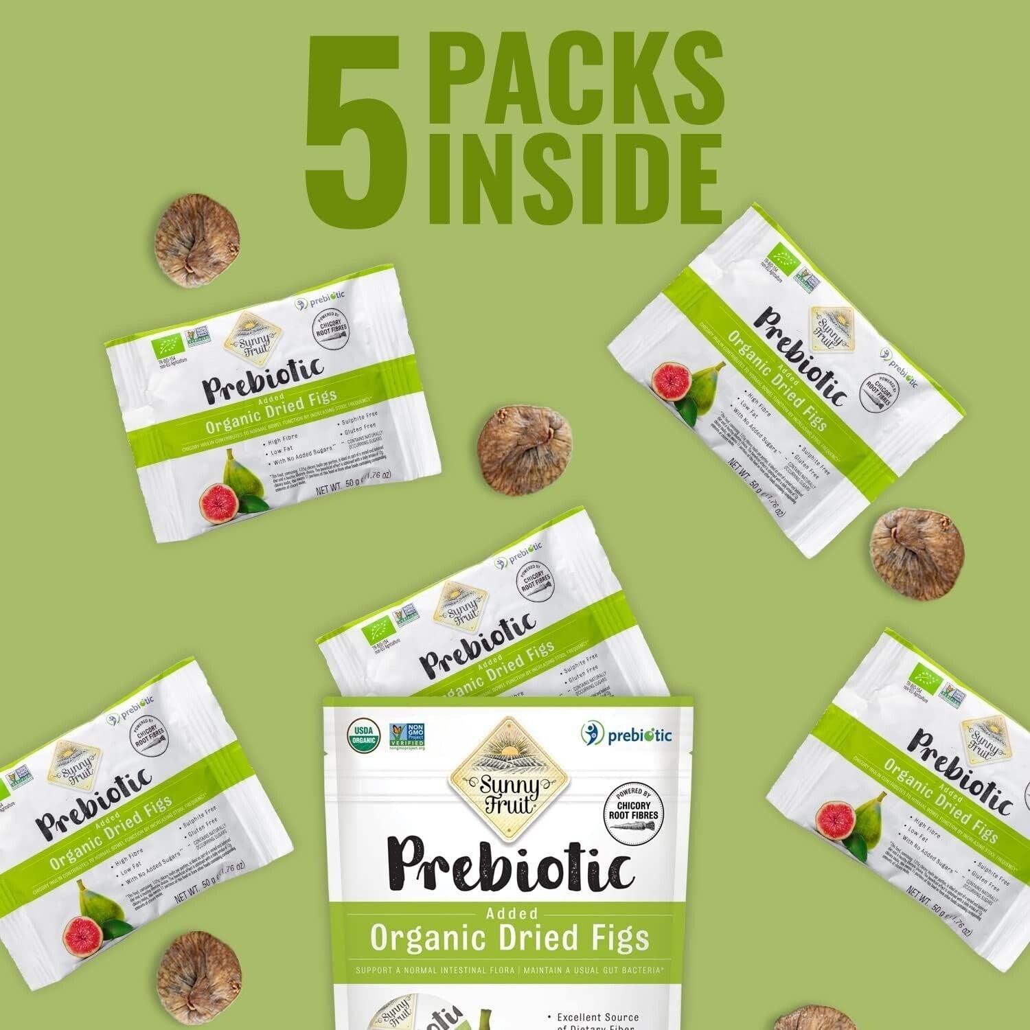 Delicious Sun-Dried Organic Figs with Chicory Fiber - 5 Convenient Snack Packs