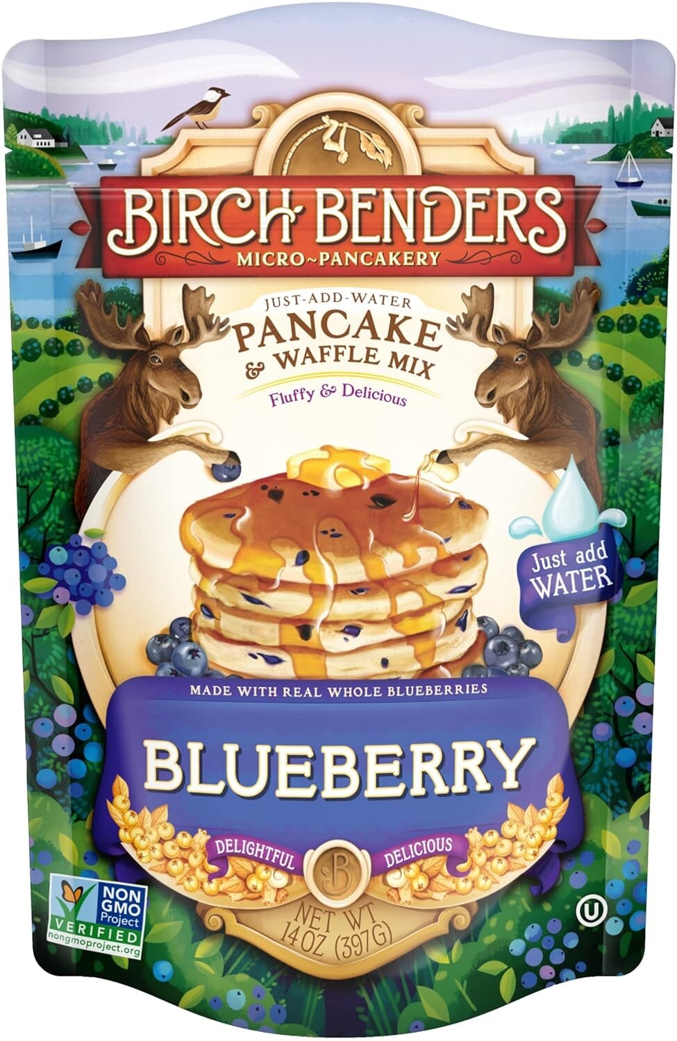 Delicious Blueberry Pancake & Waffle Mix - Family Size, 14 oz Pouches, Pack of 6