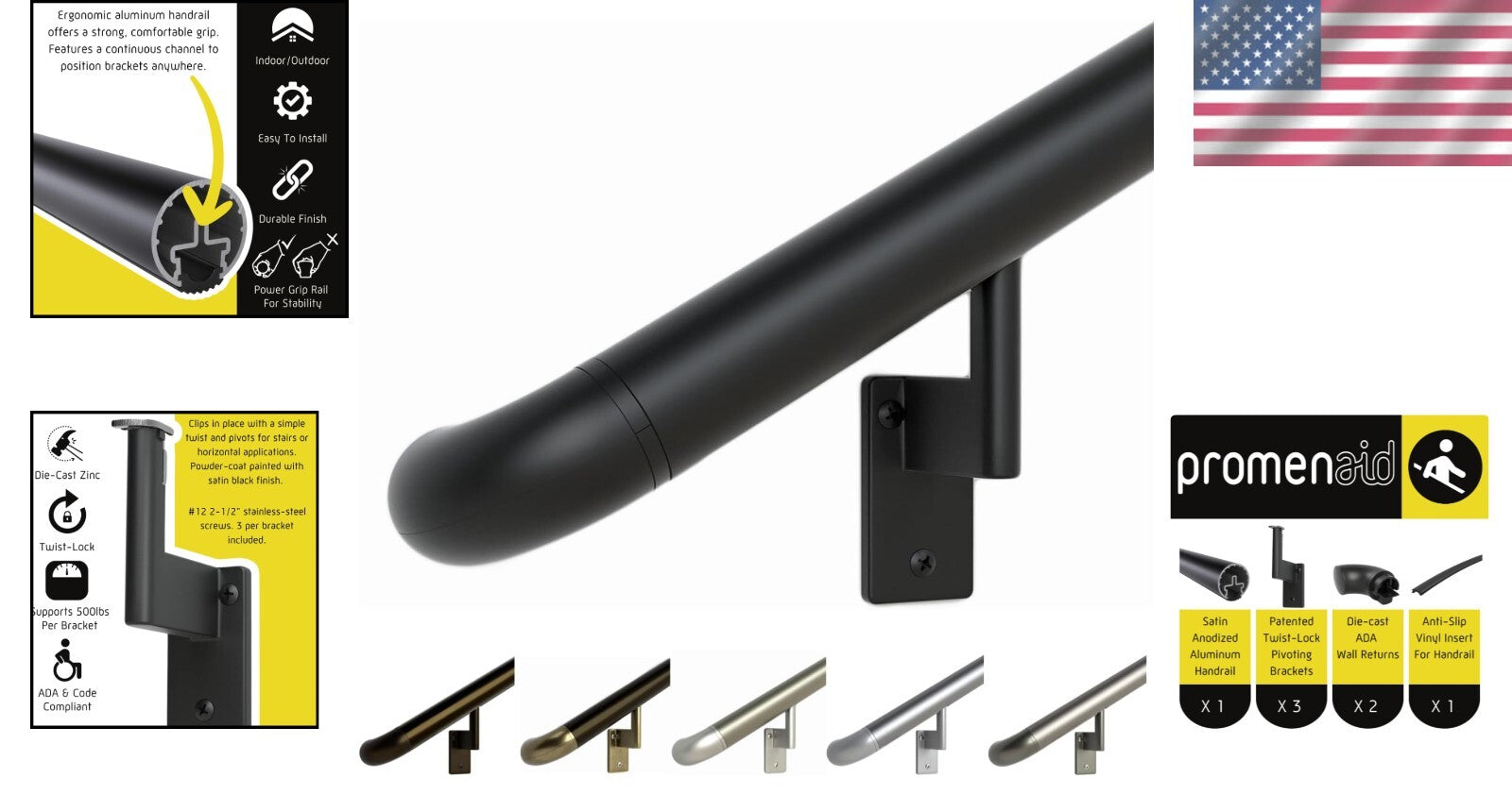 4ft ADA Compliant Handrail Kit - Satin Black Aluminum for Stairs and Ramps
