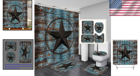 Stylish Texas Star Fabric Shower Curtain with 3 Non-Slip Mats – 4PC Bathroom Set