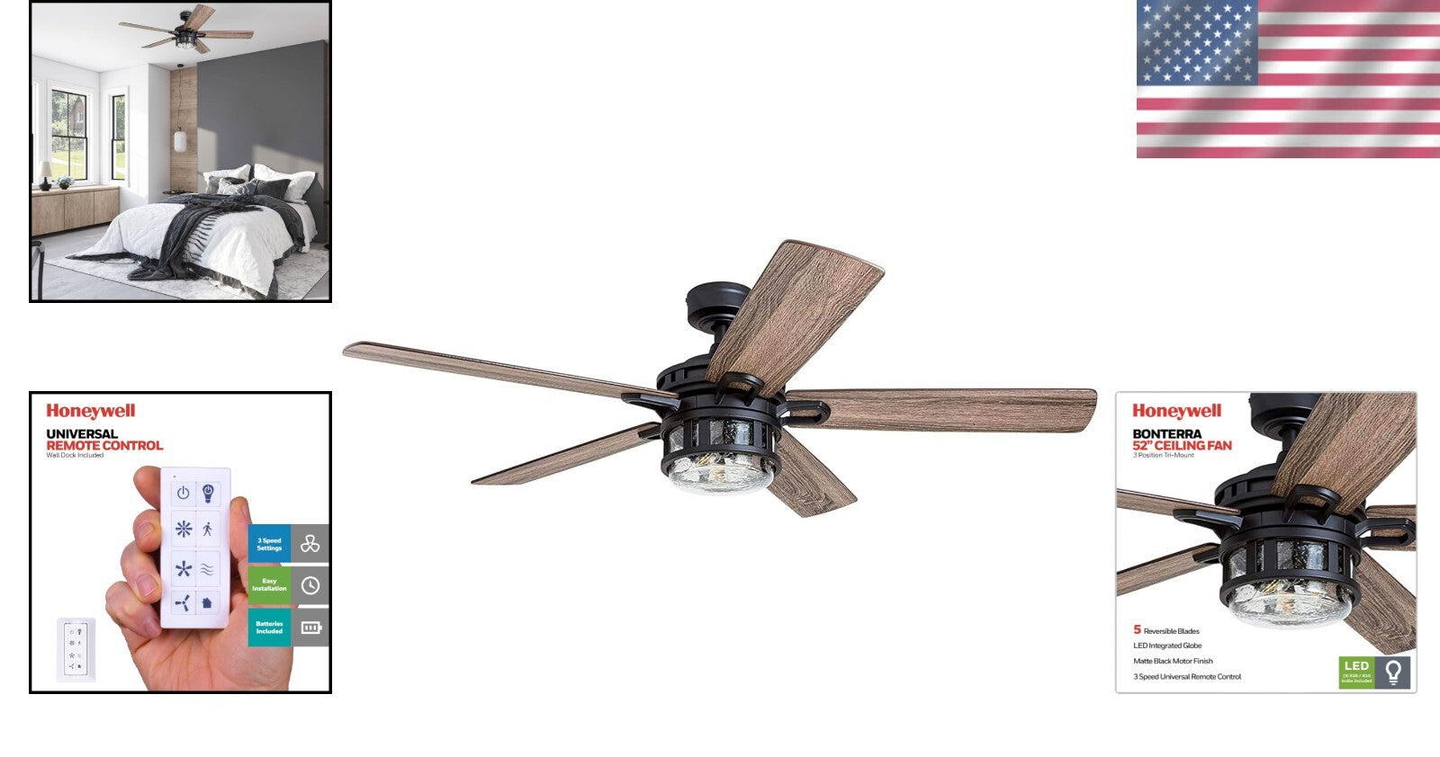 Stylish 52 Inch Ceiling Fan with LED Light - Matte Black & Brown Pine Finishes