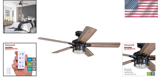 Stylish 52 Inch Ceiling Fan with LED Light - Matte Black & Brown Pine Finishes