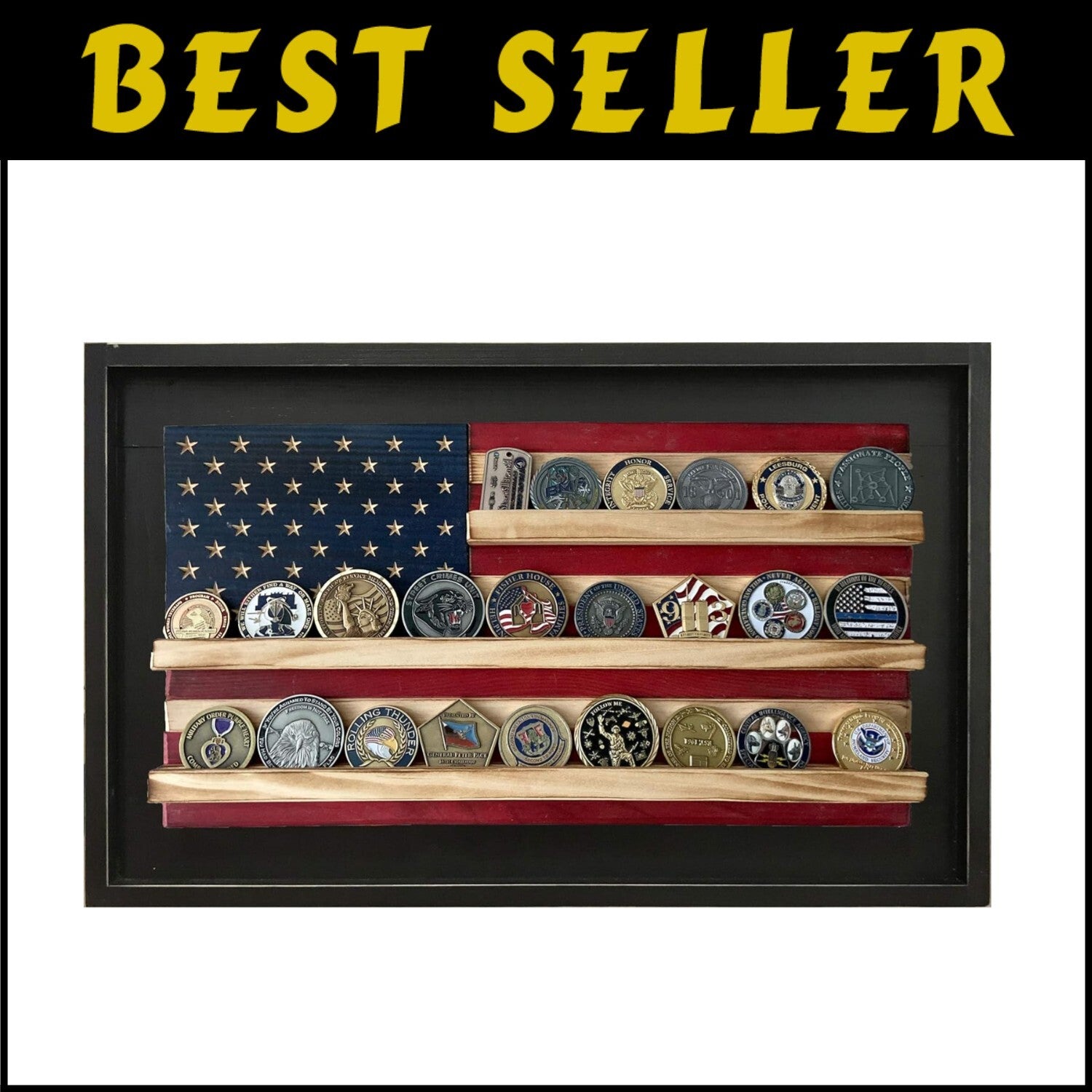 Rustic American Flag Coin Display - Holds 25 Military Coins, 15.25" H x 23.5" W