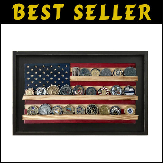 Rustic American Flag Coin Display - Holds 25 Military Coins, 15.25" H x 23.5" W