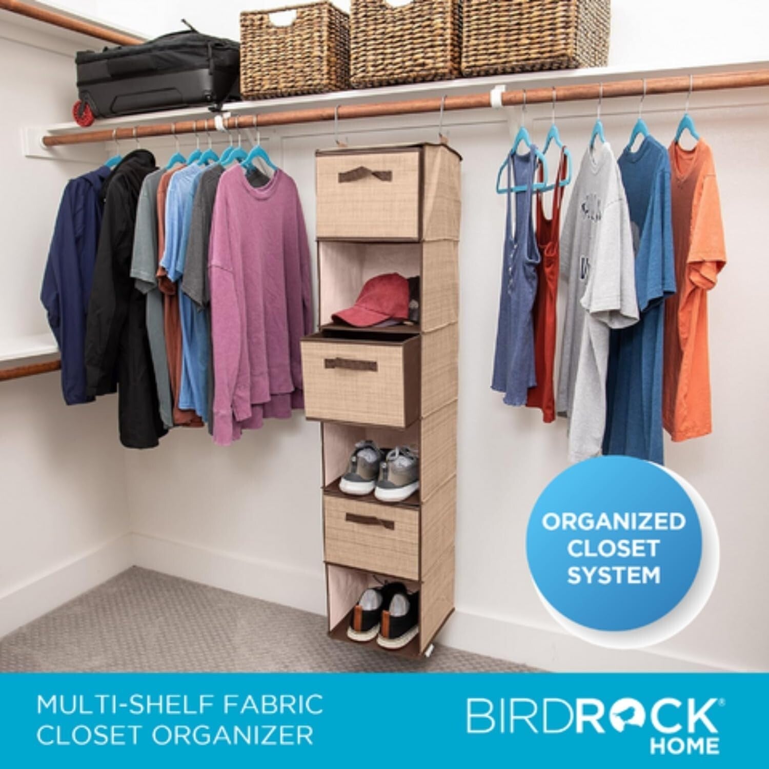 Durable Fabric Hanging Closet Organizer - 6 Shelf and 3 Drawer Storage Solution