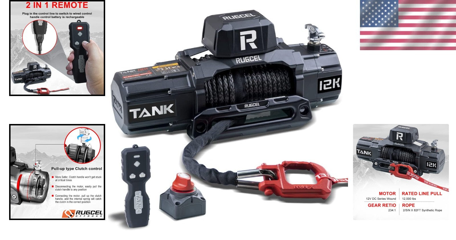12000lb Waterproof Electric Winch with Synthetic Rope & 2-in-1 Remote Control