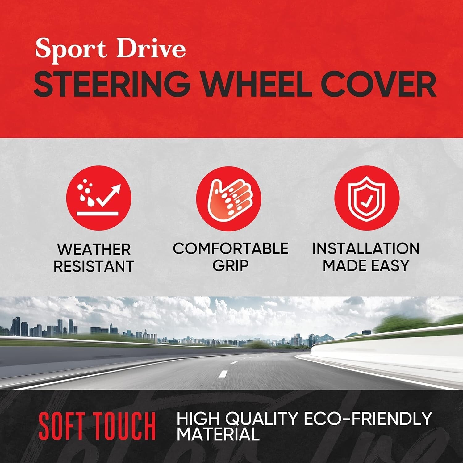 Durable 14-Inch Black Leather Steering Wheel Cover with Stylish Gray Stitching