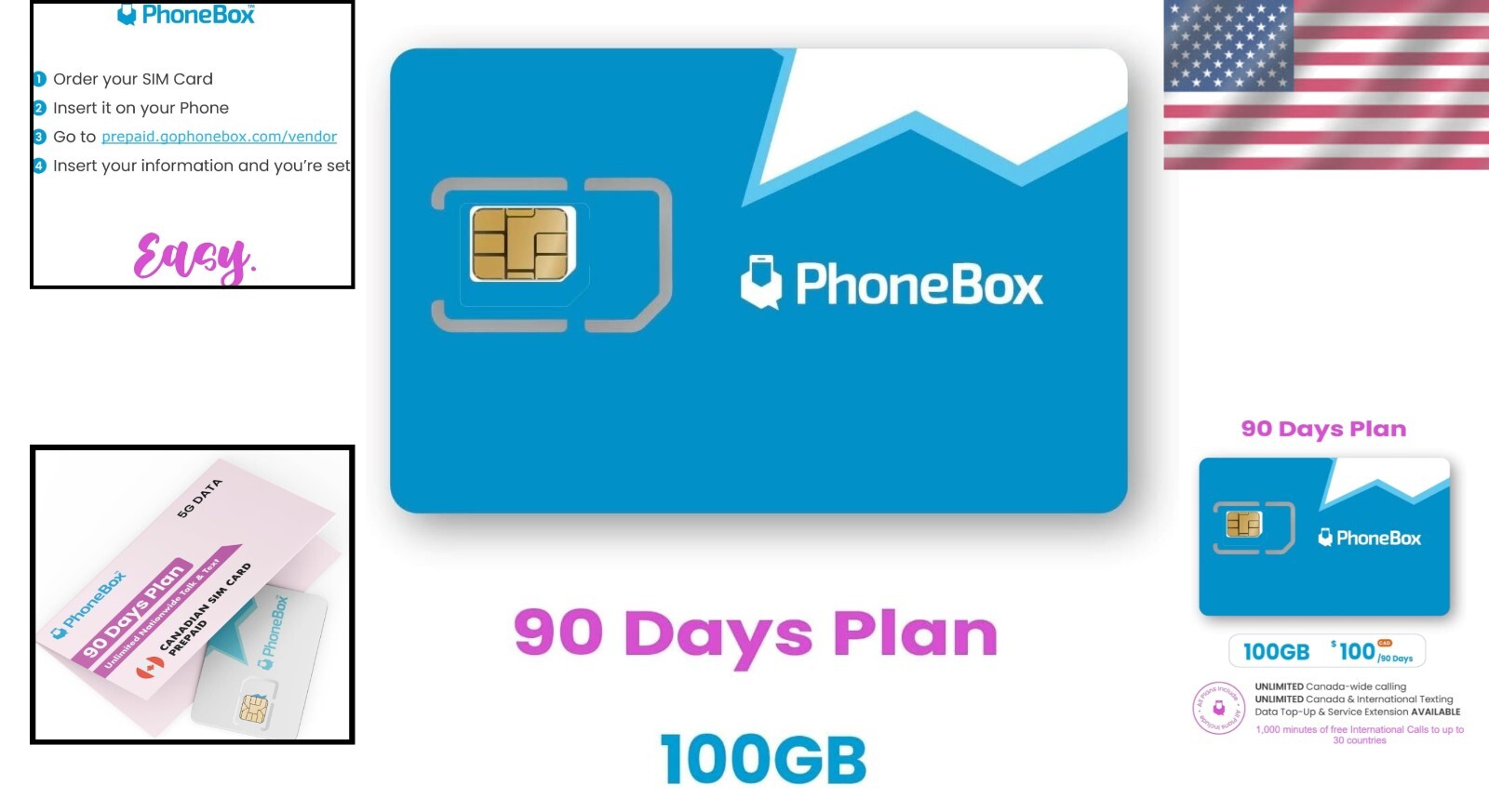 100GB Canada SIM - Preloaded for 90 Days, 1,000 International Calls & No Fees!