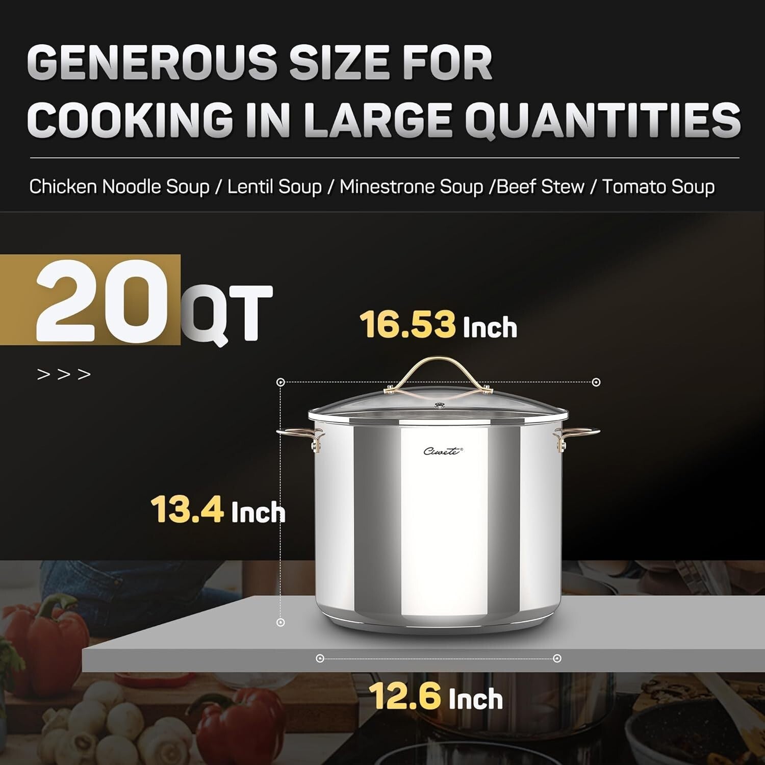 Health-Conscious 20 Qt Stock Pot - Induction Ready with Dishwasher Safe Lid