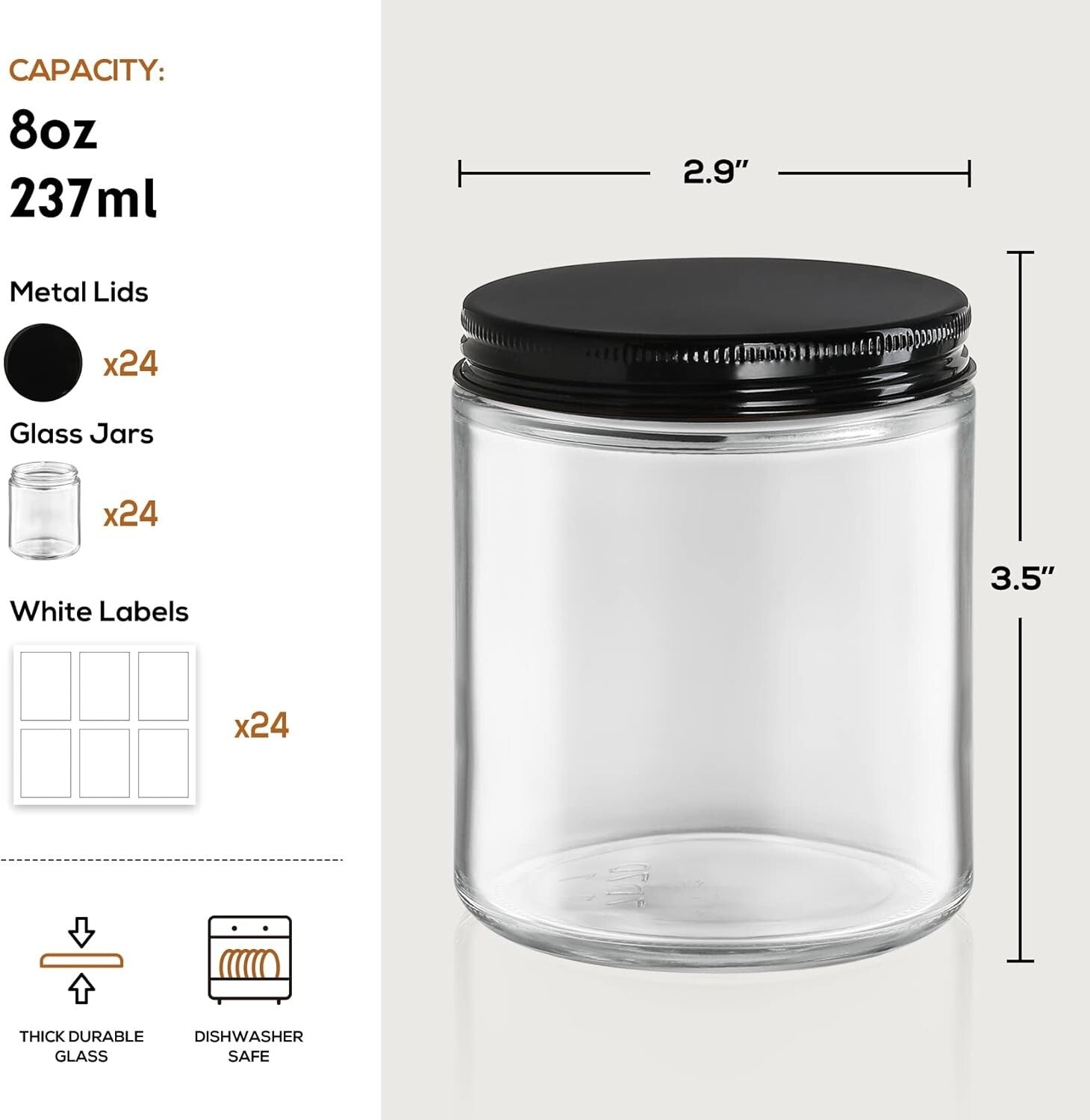 8oz Clear Round Glass Jars with Screw Metal Lids - 24 Pack for Storage & Crafts