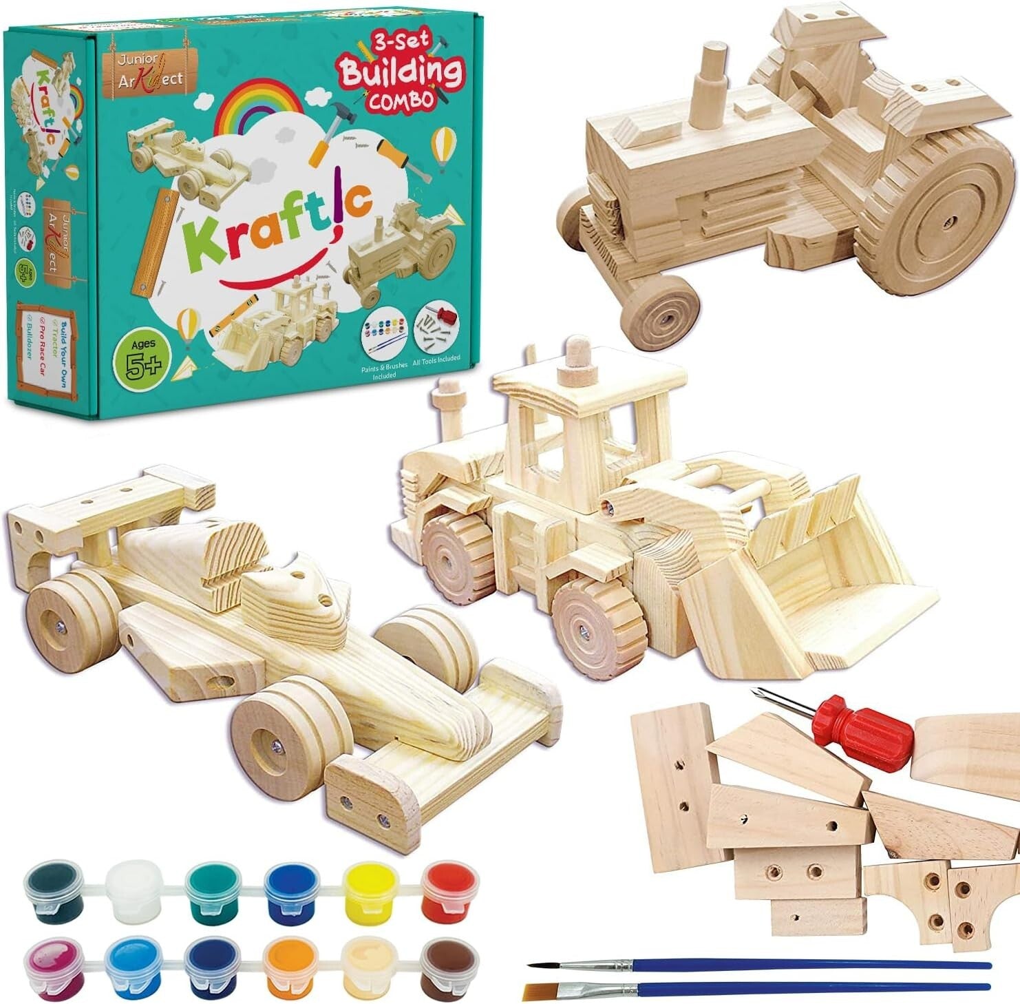Educational Woodwork Building Kit - Tractor, Bulldozer & Racing Car Projects