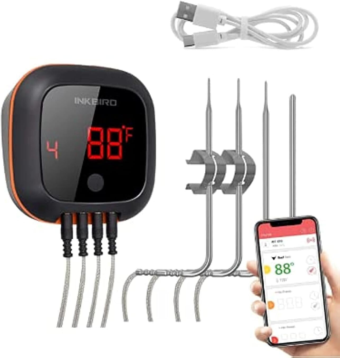 Digital BBQ Meat Thermometer - Bluetooth, 4 Probes, Timer, 150 ft Wireless Range