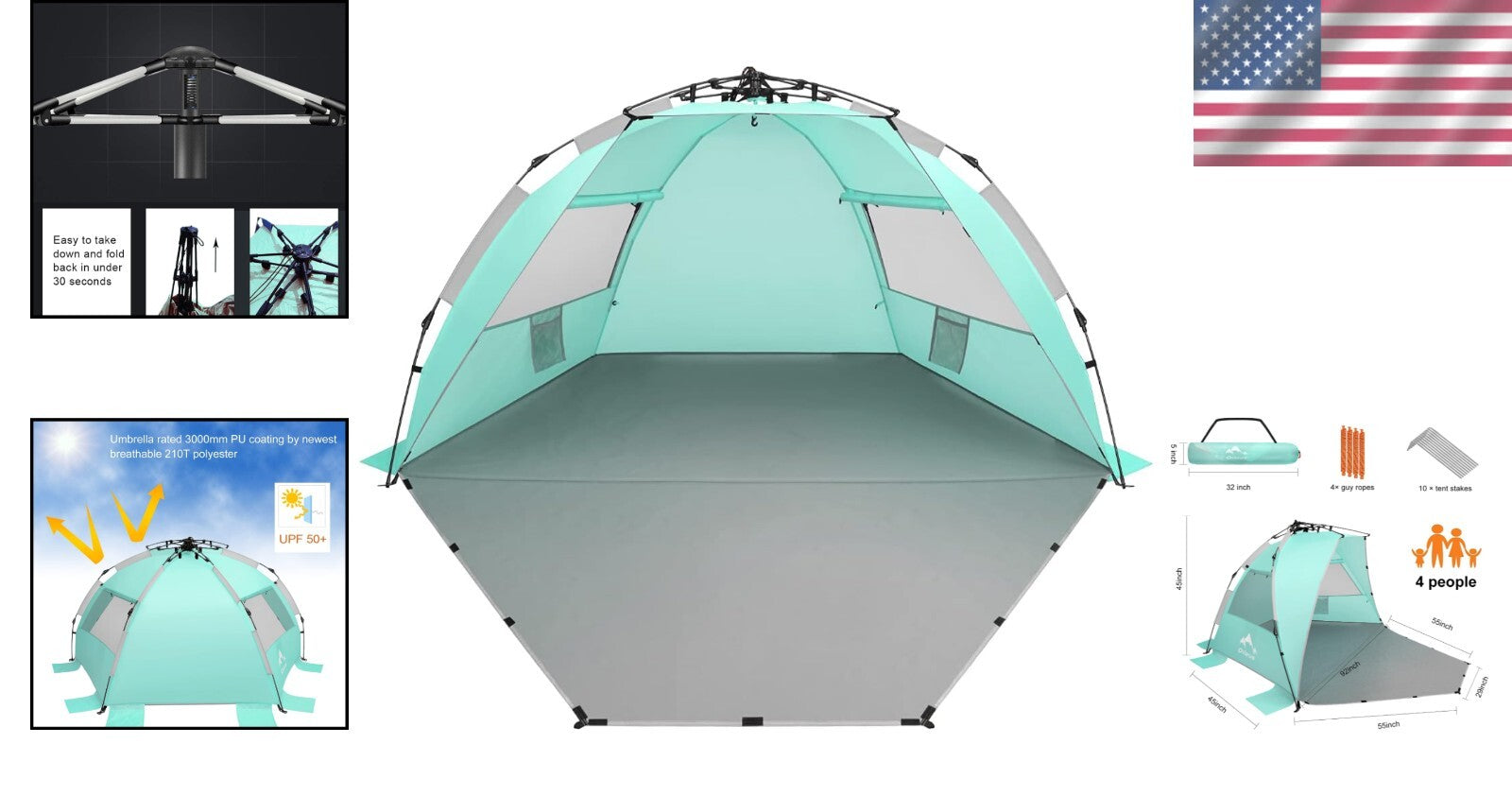 Portable XL Beach Tent with Carrying Bag - Waterproof Sun Shelter for Family Fun