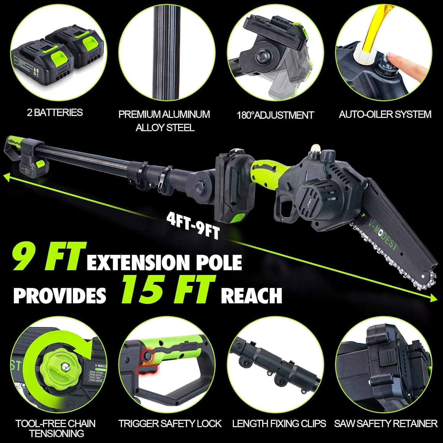 Efficient 6-Inch Battery-Powered Pole Saw with Auto Lubrication & Dual Batteries