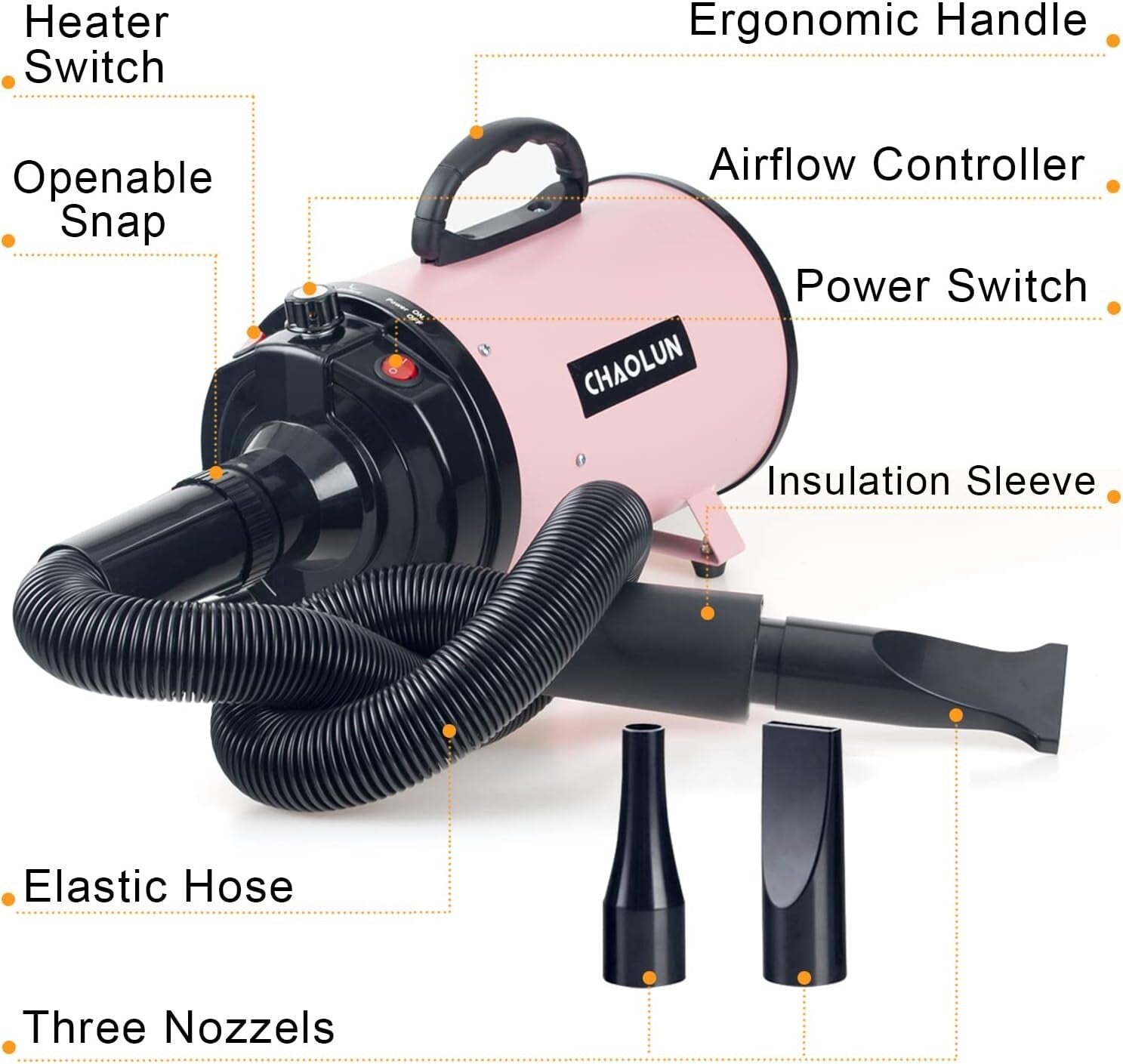 Lightweight Pink Pet Dryer: High Velocity Grooming Tool with Adjustable Speed