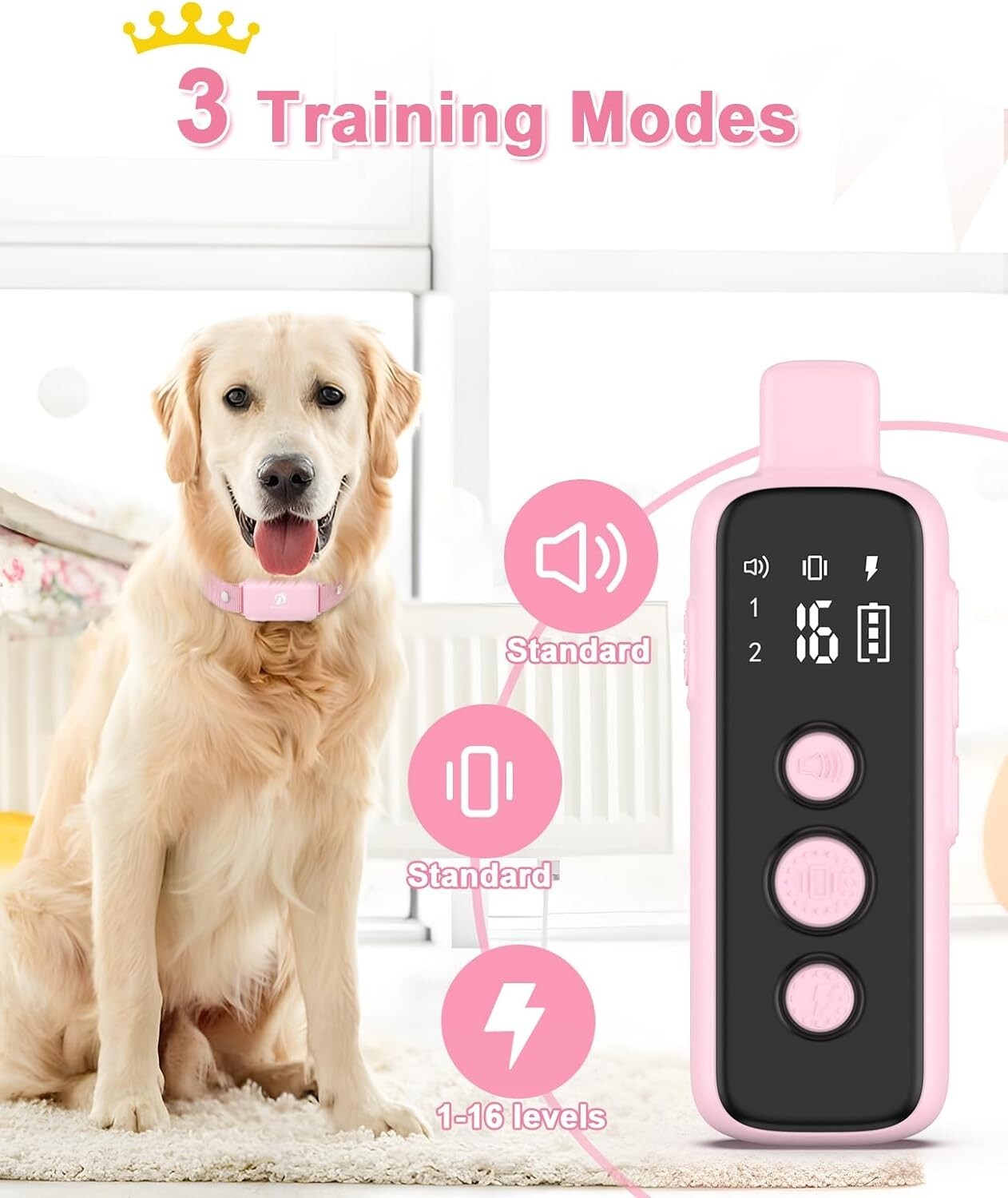 Light Pink Dog Training Collar with Beep, Vibration & Shock - Adjustable Size