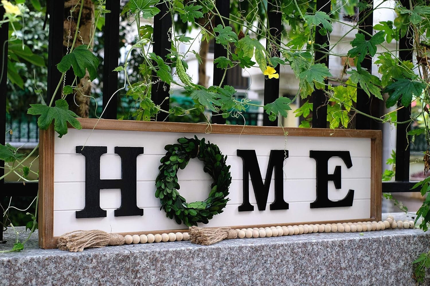 Elegant Rustic Wood Wall Sign with Real Boxwood Wreath - Gift-Ready Home Accent