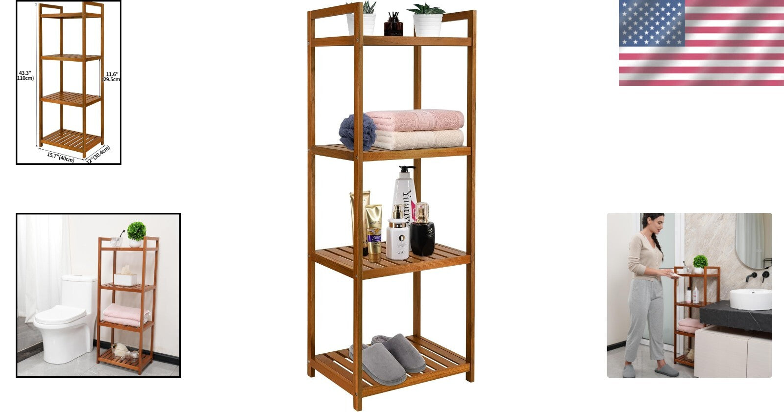 Elegant Freestanding Teak 4-Tier Bathroom and Kitchen Shelf - Easy Assembly