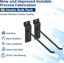 Load image into Gallery viewer, 6-Inch Matte Black Slatwall Hooks - 96 Heavy Duty Hooks for Durable Organization